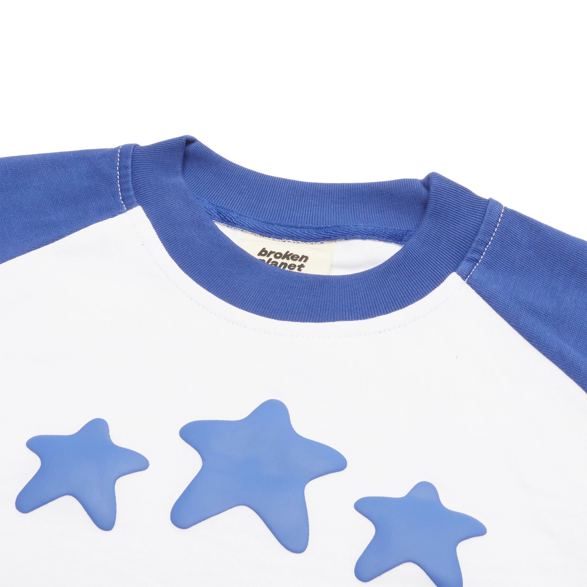 Neck view of Broken Planet Born To Be Fast White Blue Long-Sleeved T Shirt